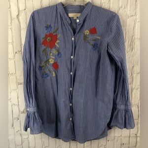 LOFT Blue and white Striped button front floral embroidered shirt small